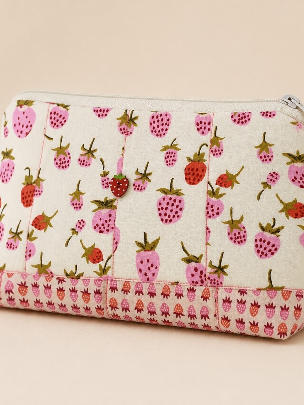 Handmade Strawberry Print Zippered Fabric Pouch